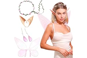 JeVenis Alas de Hada Rosa para Adultos Disfraz de Hada Hada para Mujer Orejas de Elfo Corona Diadema Floral Pendientes Alas de Hada