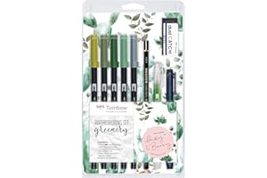 Tombow - Set Lettering"Greenery" | Set de Dibujo Acuarela con Pincel de Agua, Lápiz, Goma de Borrar, Paleta Lavable y Rotuladores en Tonos Verdes