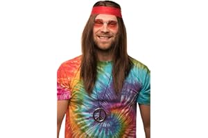 Balinco Hippie Set mit Perücke + runde Sonnenbrille + Peace Anhänger + rotes Kopfband für Herren & Damen 70er Jahre Fasching Karneval