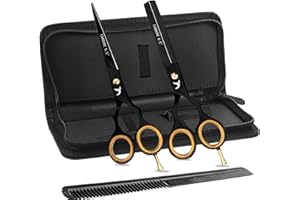 Candure Ciseaux Coiffure Professionnel Set Coupe de Cheveux Amincissement Acier Inoxydable Désépaissir & Sculpteur Effiler Peigne de Coiffure pour Hommes, Femmes et Enfants 5.5" (Noir - 6,5")