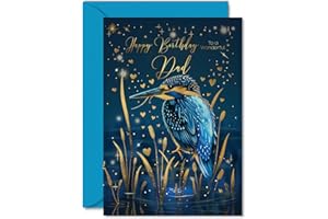 GIFTZIE Beautiful Gold Birthday Cards for Dad - Wonderful Golden Kingfisher - Pretty Traditional Elegant Birthday Card for Dad from Son Daughter, A5 Father Gorgeous Greeting Cards Gift