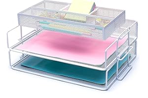 Exerz Capa De 2 Clasificadores De Papel De Malla/Organizador De Escritorio/con Divisor Adicional/Soporte De Notas En La Parte Superior: Oficina, Escuela, Estudio Multifuncional (Blanco)