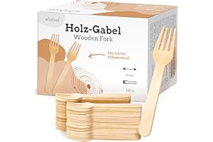 Wisefood Lot de 100 fourchettes jetables en bois de bouleau jetables 16 cm - Couverts jetables biodégradables - Naturels, stables, écologiques avec emballage sans plastique