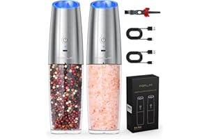 FORLIM Pfeffermühle USB-Aufladbare, 9oz Hohe Kapazität Salzmühle, mit LED-Licht, Einhandbedienung, Verstellbare Grobheit, Gravity Automatisches Schleifen, Edelstahl Set (Silber)