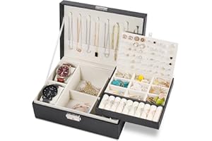 E-MANIS Jewelry Box,Jewelry Boxes for Women Girls 2 Layers Jewelry Organizer Box PU Leather Travel Jewelry Case with Lock Jewelry Storage Box Removable Tray for Rings Earrings Necklace Watches,Black