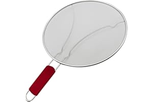 MAKREL® Premium Stainless Steel Splatter Screen Guard Extra Fine Mesh Frying Pan Cover with Heat Resistant Handle. Protect from Hot Oil & Grease Splash When Cooking and Frying (Red Handle, 33cm)