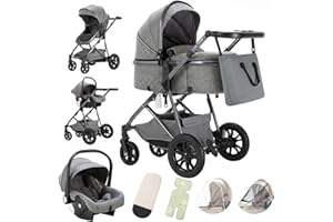 Gcarebb Carrito Bebe 3 en 1, Cochecito Bebe 3 Piezas Con Asiento De Auto, Cochecito con asa regulable en altura, Carricoche Combinado Paisaje Alto Marco Para Recién Nacido 0-3 años