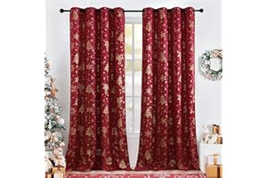 PONY DANCE Christmas curtains for Living Room and Bedroom Foil Printed Gold Eyelet Blackout Curtains for Christmas Decorations, Bells & Snowflakes print, 2 Panels W52 x L84 inches