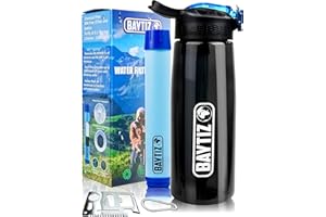 BAYTIZ ® Gourde Filtrante + Paille de Survie au Charbon Actif - Bouteille Filtre à Eau Nomade : Voyage Randonnée Trek Camping Kit Purificateur Réutilisable + Boussole Plastique Sac Pluie Catastrophe
