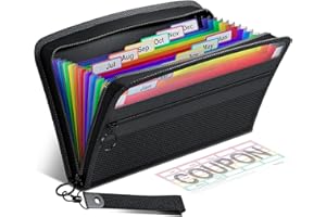 ‎THINKTEX ThinkTex Quittung Coupon Organizer,12 Taschen kleine Akkordeon-Datei Veranstalter,klein Größe 28 x 15 cm,Reißverschluss,Bunt Etiketten