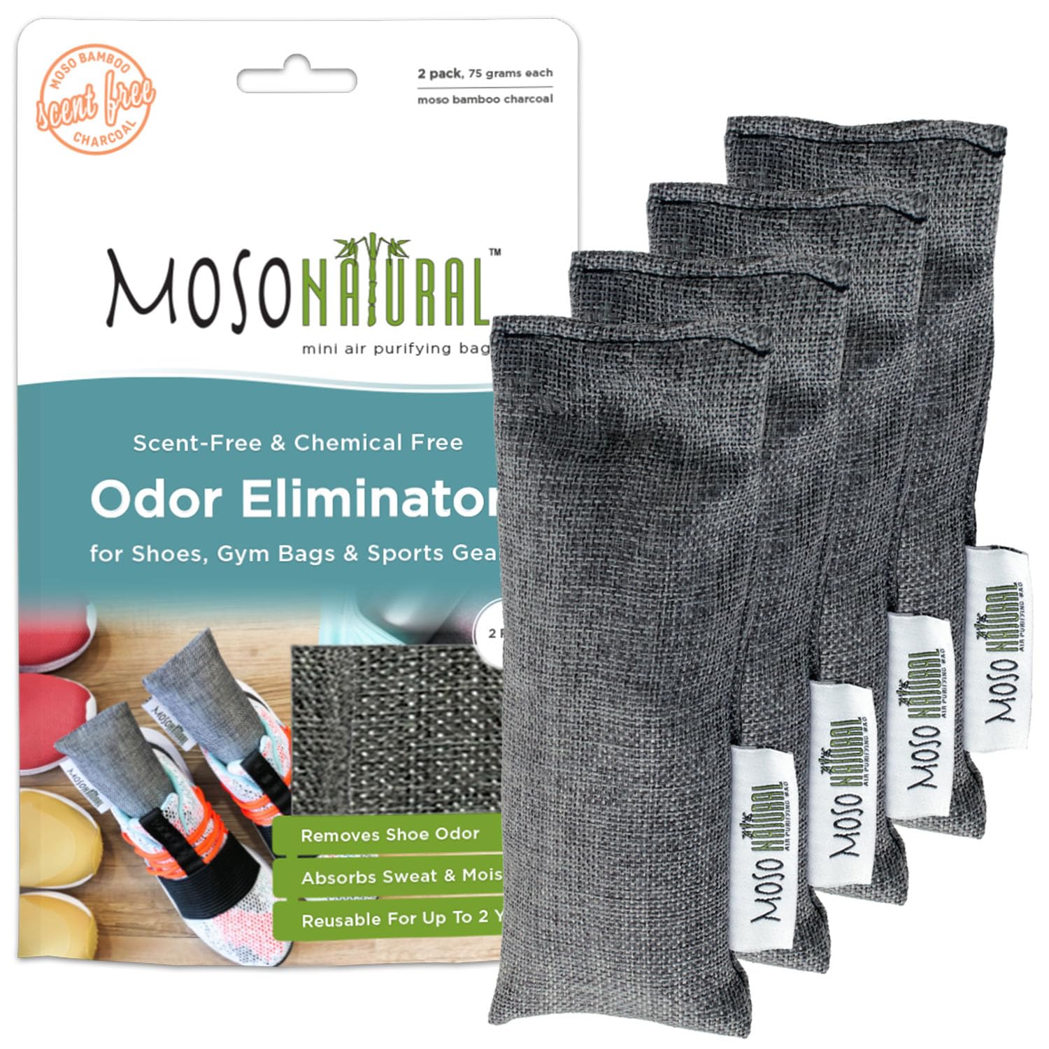 MOSO NATURAL Air Purifying Bag Shoe Deodorizer. Odor Eliminator For Gym Bags, Sneakers And Sports Gear Charcoal Color 75gm*2 