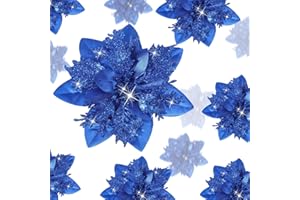 Geosar 24 Pezzi di Fiori Artificiali di Stella di Natale Glitterati Poinsettia di Natale con Clip per Addobbi di Regali e Alberi di Natale, 6 Pollici, 4 Pollici, 3 Pollici (Blu Reale)