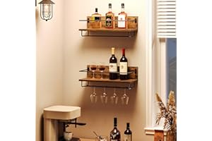 HOOBRO Wall Mounted Wine Rack, Wine Glass Rack Set of 2, Wine Shelf Hanging Floating Shelves, Wine Bottle Glass Rack Stemware Holder, for Living Room, Kitchen, Rustic Brown and Black EBF28BJ01