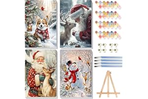 Bowetile 4 Pièces Noël Peinture par Numéros Adultes Enfants Avec Cadre, Kit Peinture Numero Adulte Débutants Kit Toile avec Chevalet en Bois, DIY Peinture Acrylique pour Décoration 20x30cm