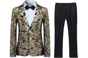 SLIKTAA Garçon Costume 2 Pièces Classique Doré Floral Jacquard Slim Fit Toussaint Mariage Bal Tuxedo Veste et Pantalon 6 Couleurs