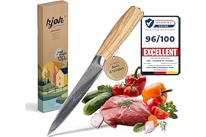 kjøk Premium Couteau de cuisine petit professionnel lame de 13cm avec étui et manche en bois d'olivier, dureté 58±2 HRC style couteau japonais damas - couteaux d’office tranchant pour légumes