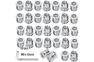 CRLYLC Lot de 50 écrous à visser M8 x 15 mm - Insert fileté en bois - Manchons filetés - Douilles à visser en alliage de zinc - Écrous à enfoncer à six pans creux - Pour meubles en bois