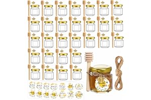 Eidoct Lot de 30 mini pots à miel hexagonaux en verre de 42.5 g avec cuillère en bois, couvercles dorés, pendentifs en forme d'abeille dorée, autocollants Jutes, abeilles, mariage, fête
