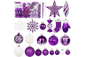 Miaikoe 135 Pcs Weihnachtskugel Ornamente Set, bruchsichere Kunststoff Verschiedene vorgebundene Weihnachtskugeln für Weihnachtsbaum Hängende Dekorationen Festival Party Feiertagsdekoration (Lila)