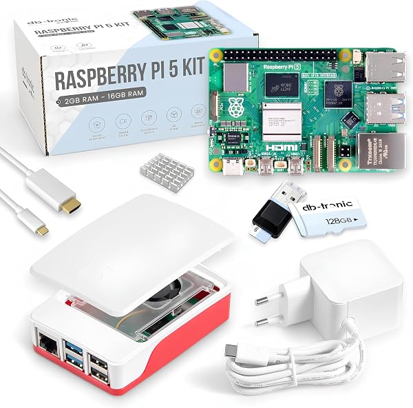 db-tronic Raspberry Pi 5 8GB Starter Kit | 128GB Edition | 27W Power Supply | Case with Cooling Fan | Heatsink | 4K Micro HDMI Cable | Ideal for Smart Home, Retro Gaming & Home Assistant - 1