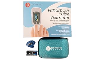Pulse Oximeter Fitharbour New Version [CE Certified ] Blood Oxygen Saturation Monitor Fingertip OLED Display HR with Alarm Two AAA Batteries Carry Bag & Lanyard (Grey [with Case])
