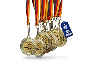 GESCHENKE-FABRIK Pokal-Fabrik - Medaglie da nuoto in metallo, 10 pezzi, dorate da appendere per premi, medaglie per bambini con fascia tedesca e emblema per club e tornei