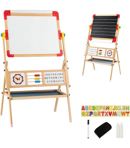 Cavalletto Artistico Bifacciale GYMAX Per Bambini - Lavagna Gessetto/Magnetica, Rotante 360°, Con Accessori