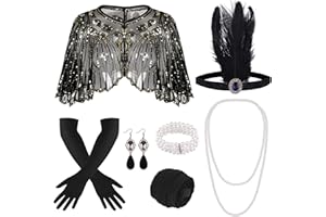 ELECLAND 10-częściowy zestaw akcesoriów z lat 20. XX wieku, motyw z lat 20., z opaską na głowę, długie, czarne rękawiczki, naszyjnik, kolczyki dla kobiet, morelowe złoto