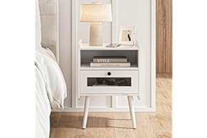 HEYZOEY Bedside Table, Mid-Century Modern Nightstand with Storage Drawer and Open Wood Shelf, Small Bed Side End Table with Glass Decorative Door for Bedroom, Living Room, White