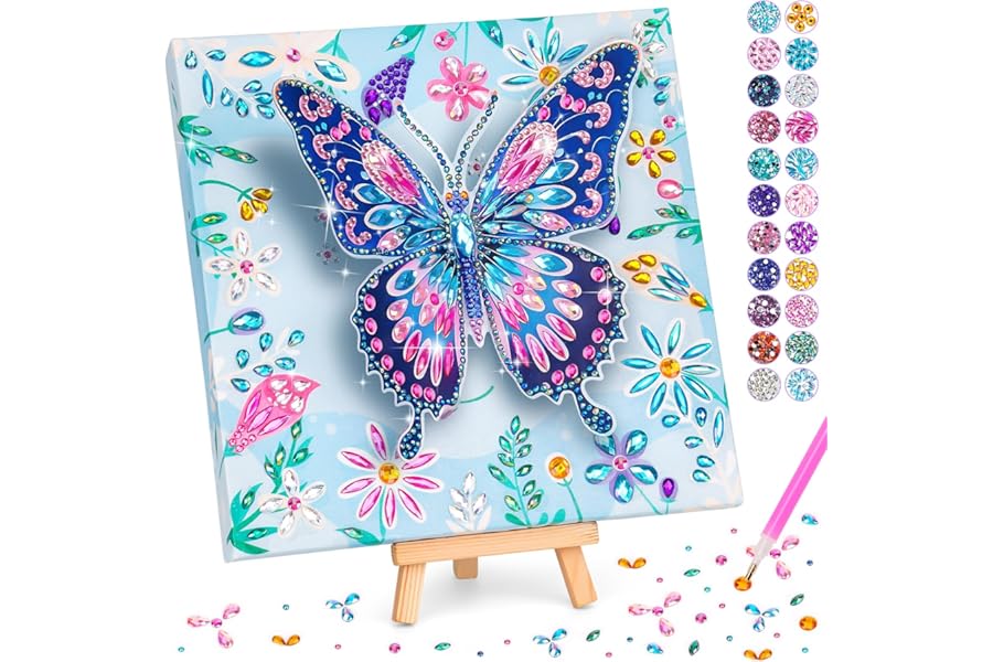 Arts and Crafts for Kids Age 6 7 8 9 10, Diamond Painting Art for Kids, Gifts for 8 9 10 Year Old Girls DIY 3D Butterfly with Wooden Canvas Creative Birthday Presents Toy for 5-12 Girl Home Decorate
