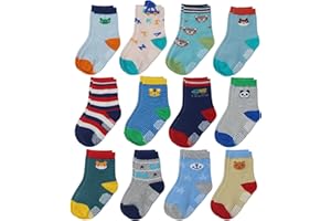 YANWANG 12 Paia Ragazzo del Bambino Calzini Antiscivolo con Impugnature, Bambini Carina Cotone Calzini per Bambine Bambino