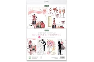 Katy Sue Designs Romance & Weddings 3D Die-Cut Decoupage Sheets for Card Making. A Pack of 12 A4-Sized Sheets of Pre-Cut Die-Cuts for Card Making Supplies Featuring Roses, Champagne, Bride & Groom