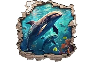 Samunshi Wandtattoo Wandriss mit Delfin Fenster in andere Welt Portal Schiffsfenster Kinderzimmer Wandaufkleber (50x50cm Delfin)