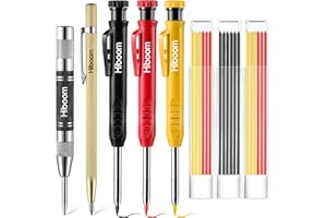 Hiboom 8 Paquets Set de Crayons de Charpentier, 3 Crayons de Charpentier Solides Colorés avec Taille-Crayon et Recharges, Poinçon Central Automatique, Kit d'Outils de Traçage en Carbure