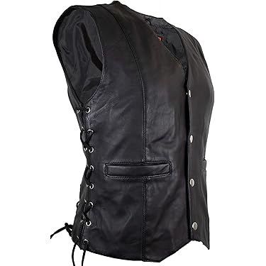 MDM Leren vest voor biker, motorfiets, zonder kraag, van echt leer, zwart, XL