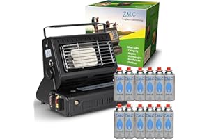 Z.M.C Calentador de gas portátil 2 en 1 y hornillo de gas con conexión LPG + 12 cartuchos de gas de 227 g, calefacción de camping de 1,3 kW, calentador de gas portátil para exteriores con encendido