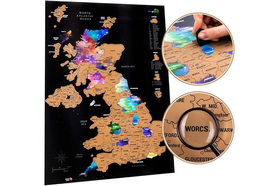 Scratchable UK Map, A2 Poster + Accessories Kit & Travel Tube, Campervan Day Trips, Journal Wall Art, Nebula Watercolour Designed