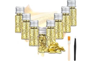 BBIURER 8 Flasche Blattgold Essbar, Dessert Goldfolie Flocken Multifunktion Blattgold Blätter Lebensmittel-Goldfolie Dekoration für Mousse-Kuchen Backen Schokolade Kunsthandwerk Dekoration(+1 Clip+1 Pinsel)