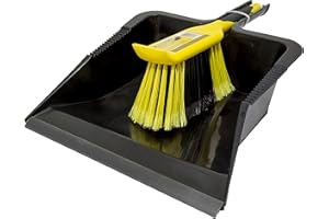 CHARLES BENTLEY BULLDOZER Heavy Duty Dustpan And Brush Set With Stiff, Soft PVC Bristles, Serrated Edges, Front Scraper, Rubber Lip, Suitable For Garden And Indoor Use, Black And Yellow (44x28.5cm)