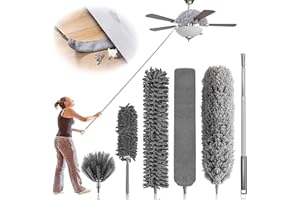 SNARFLUN 6 Pièces Plumeau Telescopique, Tete de Loup Longueur 25-252cm, Plumeau Lavable Microfibre, Balai Toile d'Araignée, Plumeau Poussiere Telescopique pour Toile D'Araignée, Ventilateur de Plafond, Stores
