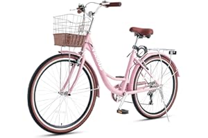 Viribus Women's Comfort Bike, 66 cm 7 Speed Bicycle for Women, Beach & City Cruiser Bike with Rattan Basket Steel Rack, Step Through Bike for Women Adults