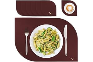 BW BLACKWHITE STORE Blackwhite Store Tischsets Abwaschbar Wasserdicht PU Kunstleder Platzset Abwischbar Lederoptik Dunkelrot 6er-Set 2 Ecken 43x30cm 10x10cm Platzdeckchen Leder für Home Hotel & Restaurant