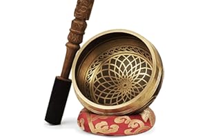 TARORO Campana Tibetana con 7 metalli ~ incisa, Ø13cm. Originale del Nepal. Fatta a mano. Set: cuscino di seta e battente con Buddha scolpito a mano. Per Meditazione, Chakra e Terapia del Suono