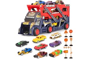 Aoskie Camion de Transport Voiture Enfant avec Petite Voiture, Panneaux Route, Cadeau Camion Jouet pour 3 4 5 Ans Garcon
