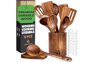 WOODENHOUSE LIFELONG QUALITY Wooden Spoons Cooking Utensils - Teak Wooden Utensil Set of 12 Pcs with Holder, Spoon Rest & Hanging Hooks, Non-Stick and Heat Resistant Kitchen Accessories by Woodenhouse
