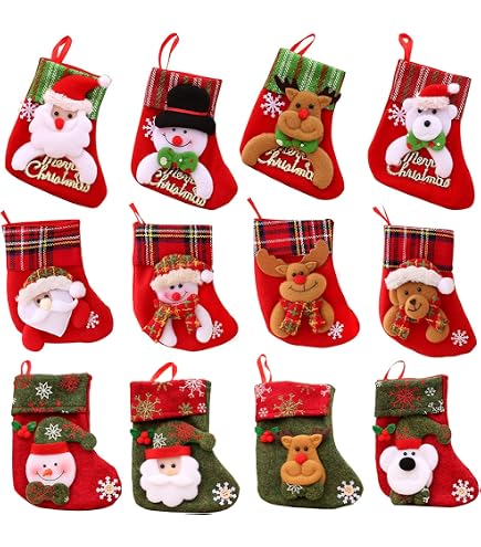 4 Chaussettes De Noël à Suspendre - Motifs Bonhomme De Neige, Père Noël, Cerf, Ours - Taille 26 Cm, Idéal Décoration Sapin, Cheminée, Cadeaux