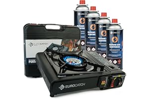 Eurocatch Outdoor - Réchaud à gaz - incl. 4 cartouches de gaz - Réchaud de camping - Brûleur à gaz - Cuisinière à gaz - Plaque de cuisson - Cuisinière - Mallette de transport