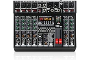 XTUGA LXT6 Table de mixage audio professionnelle à 6 pistes avec 99 effets DSP, égaliseur 7 bandes, bouton d'alimentation fantôme 48V indépendant et sourdine, fonction Bluetooth, DJ, scène/soirée