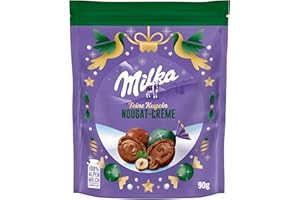 ‎MILKA Milka Feine Kugeln Nougat-Crème – Zarte Weihnachtskugeln aus Alpenmilch-Schokolade mit feiner Nougatfüllung – 90g