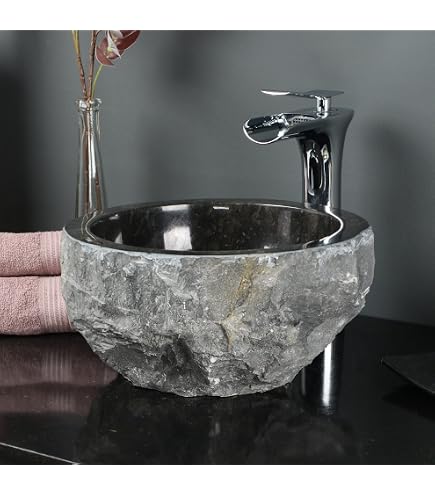 Lavabo De Piedra Volcánica Negro Redondo 40 Cm - Mármol Natural, Interior Pulido, Exterior Martillado, único